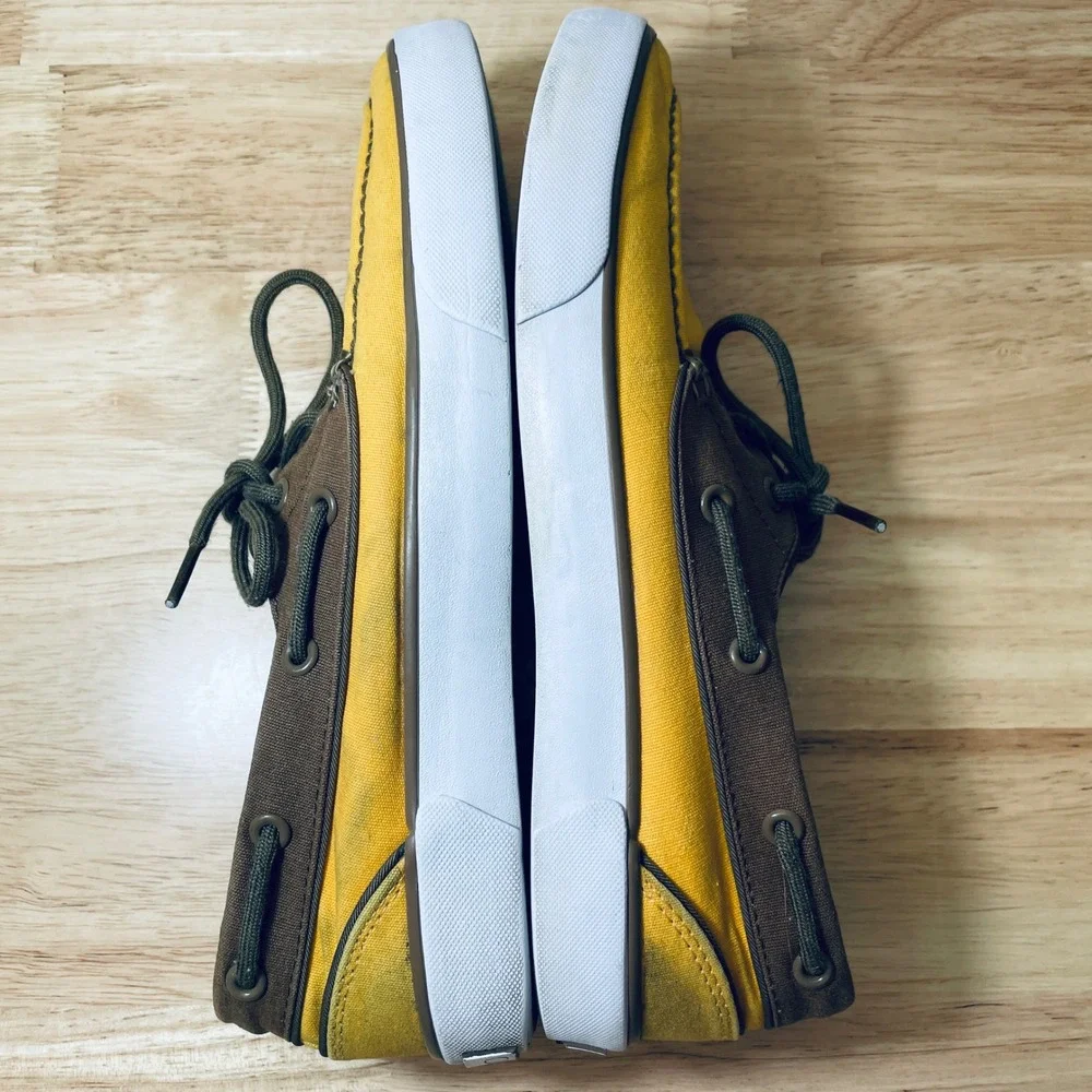 Polo Ralph Lauren Mens Lander P Yellow Canvas Boat Shoes 9D Brown Trim